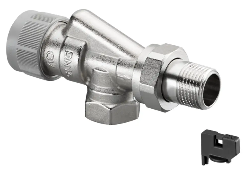 Thermostatventil von Oventrop mit metallischem Gehäuse und Anschlussmöglichkeiten für Rohrleitungen. Das Produkt zeigt eine Verbindung im Vorlauf.